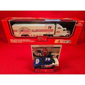 TODD BODINE NASCAR TRANSPORTER BUNDLE w/MATCHING STOCKCAR & PLAYER CARD‎